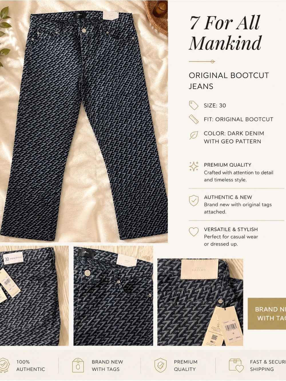 7 For All Mankind Navy and Light Gray Geo-Print Jeans